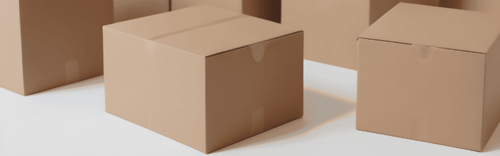 Stack of sealed cardboard moving boxes arranged on a clean white surface, ready for packing, storage, or transport.