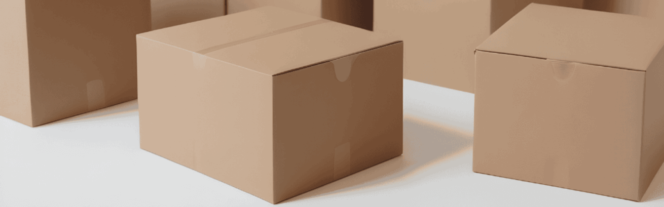 Stack of sealed cardboard moving boxes arranged on a clean white surface, ready for packing, storage, or transport.