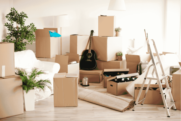 boxes-for-moving-mngmovers Living room filled with packed and partially packed cardboard boxes, rolled-up rug, plants, and a guitar—capturing a home in the middle of a move.