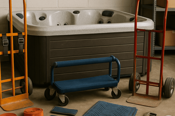 A high-resolution indoor scene showing essential tools and equipment for moving a hot tub, including two dollies, moving blankets, ratchet straps, a furniture dolly, plumbing wrenches, gloves, and utility tools neatly arranged on the floor in a well-lit room with wooden walls.