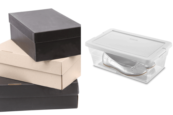 shoe-boxes-containers-mngmovers Shoe boxes and a transparent container with a pair of silver shoes inside.