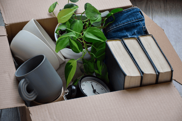 storing-books-mngmovers books with cup, alarm clock, plant and pair of jeans inside a box for moving.