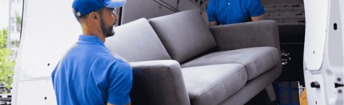 two men loading a sofa furniture in a truck