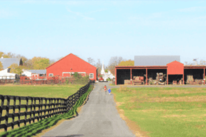 Scenic view of Frying Pan Farm Park in Herndon VA with red barns, open fields, livestock fencing, and children walking along a farm path.