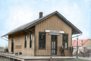 Historic Herndon Depot Museum building in Herndon VA, featuring Southern Express Corporation signage and preserved railroad architecture.
