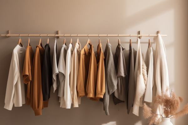 how-to-pack-clothes-for-moving-mngmovers-2 Neatly hung clothes on a rack in neutral tones, ideal for sorting and organizing before packing clothes for moving.