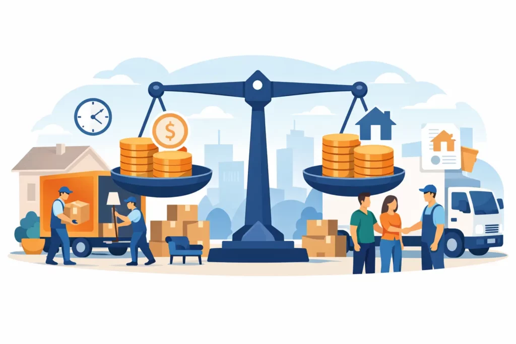 A large balance scale with coin stacks on both sides, a house icon on the right, and workers and trucks in a city backdrop, illustrating economic balance between housing and logistics.