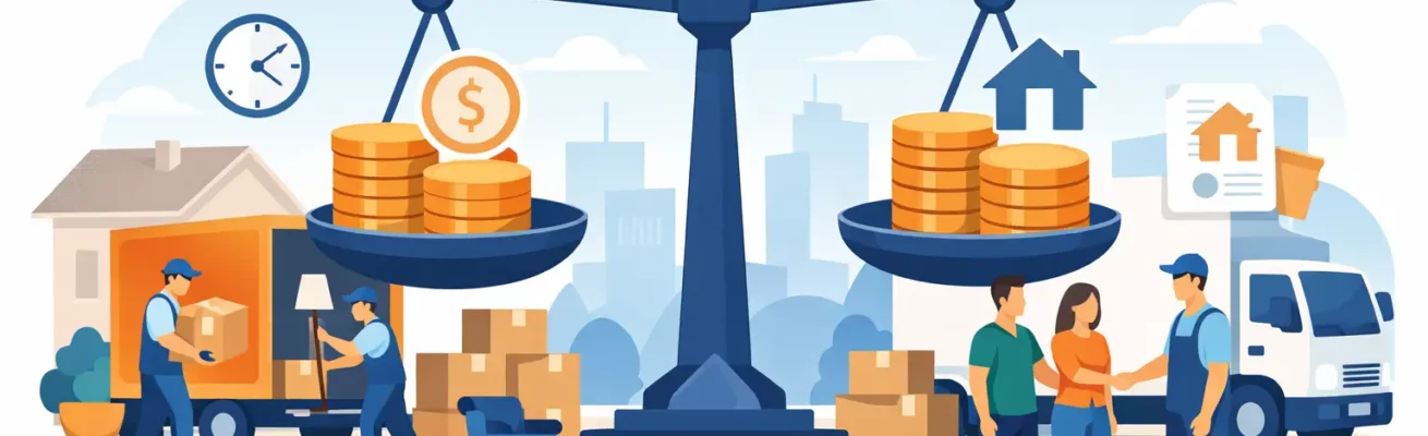 A large balance scale with coin stacks on both sides, a house icon on the right, and workers and trucks in a city backdrop, illustrating economic balance between housing and logistics.