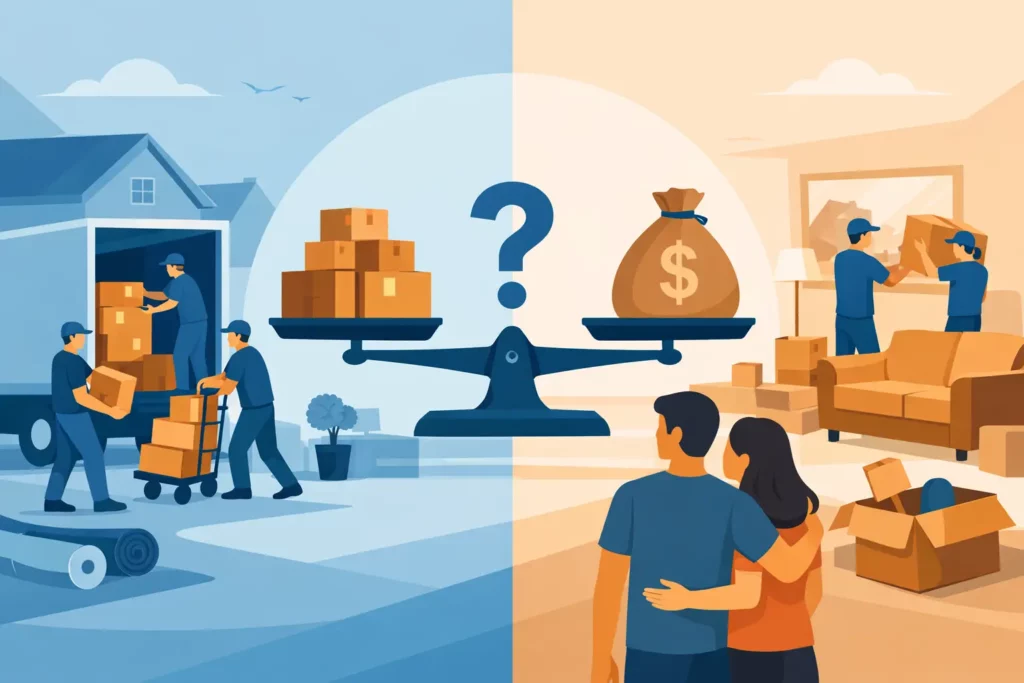 Split scene: left half shows warehouse workers loading boxes; right half shows a couple with boxes and a large money bag on a scale, symbolizing cost vs. value