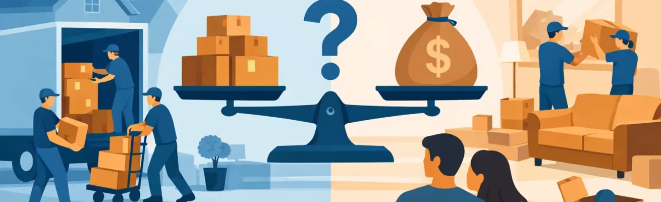 Split scene: left half shows warehouse workers loading boxes; right half shows a couple with boxes and a large money bag on a scale, symbolizing cost vs. value