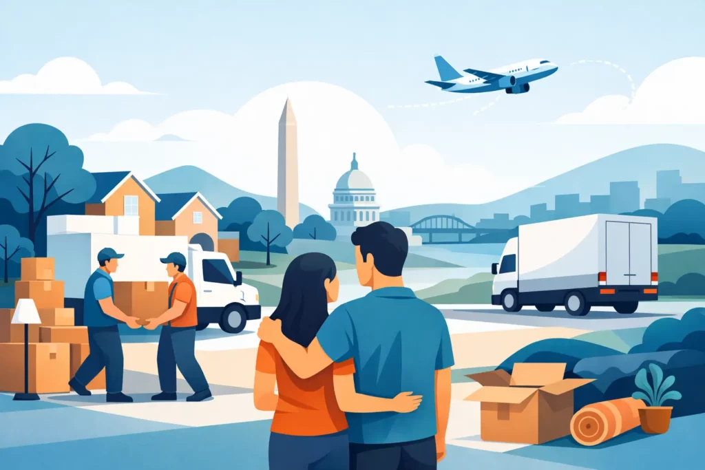 Couple watches as two movers exchange a box in a residential area, with stacked boxes and delivery trucks nearby and a city skyline in the background.