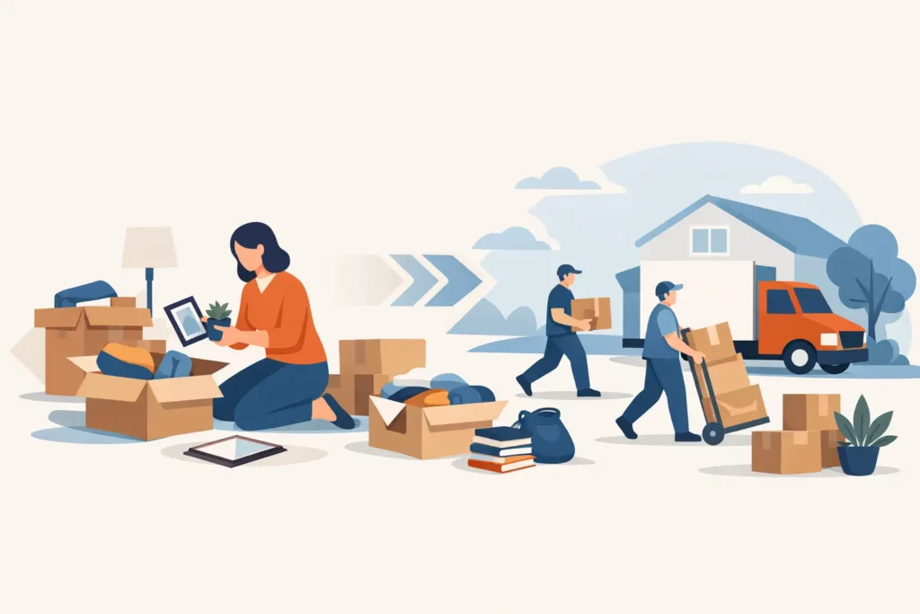 Illustration of a family moving house: a woman sorts belongings from boxes while two workers load a truck in front of a home.