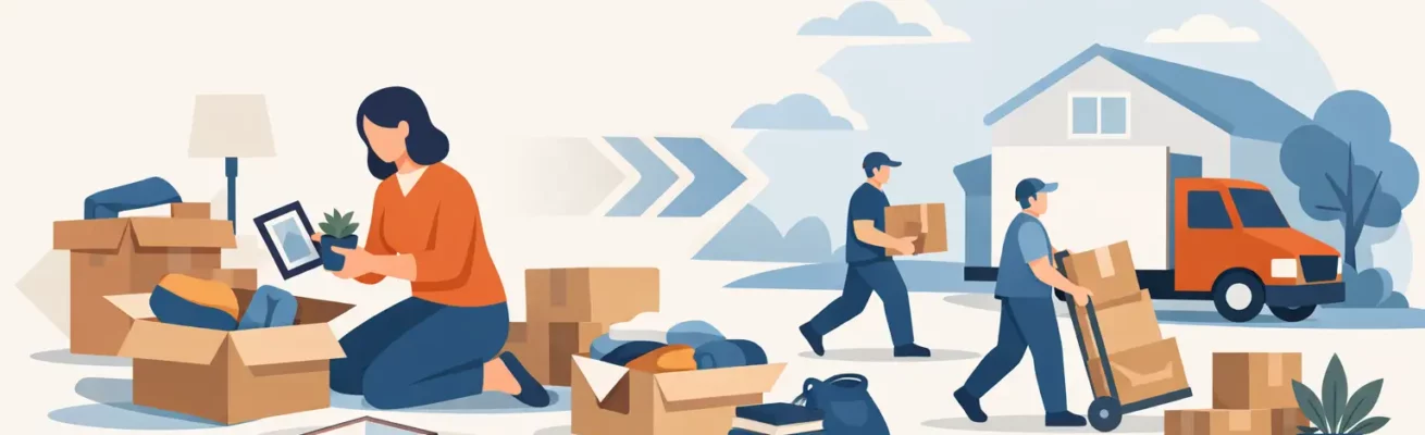 Illustration of a family moving house: a woman sorts belongings from boxes while two workers load a truck in front of a home.
